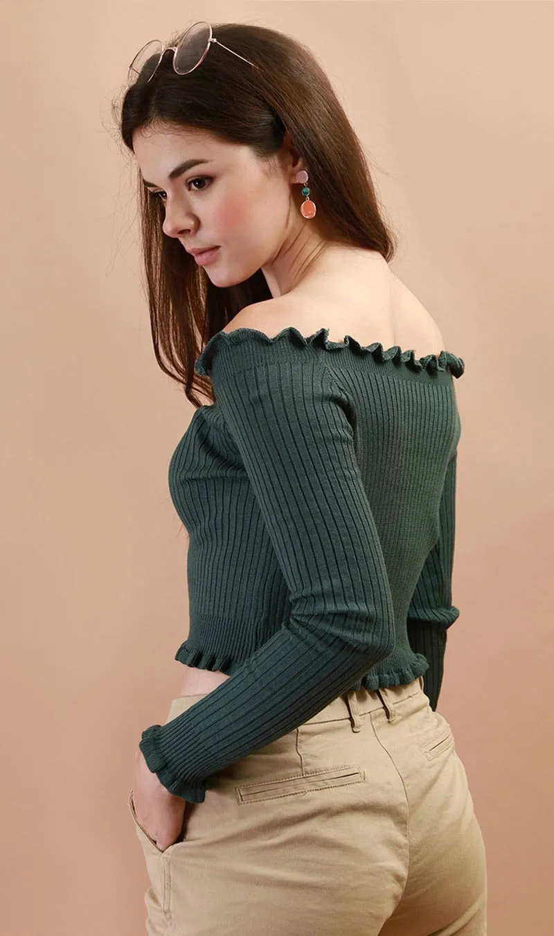 CARRIE Lettuce Ruffle Off-Shoulder Top (Dusty Green)