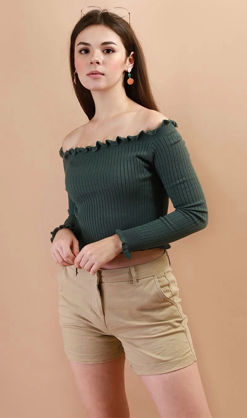 CARRIE Lettuce Ruffle Off-Shoulder Top (Dusty Green)