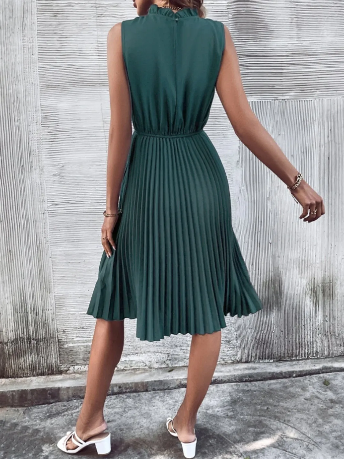 Cecelia Pleated Frill Mock Neck Sleeveless Dress