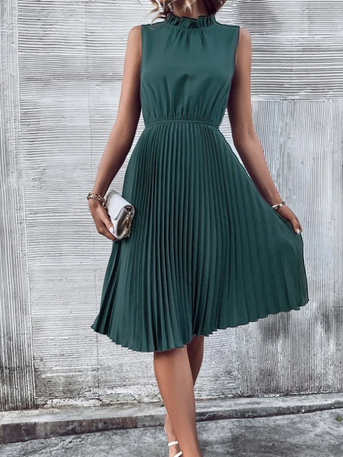 Cecelia Pleated Frill Mock Neck Sleeveless Dress