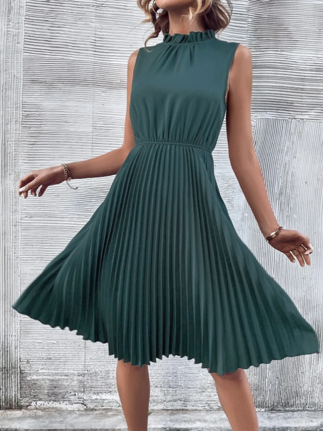Cecelia Pleated Frill Mock Neck Sleeveless Dress