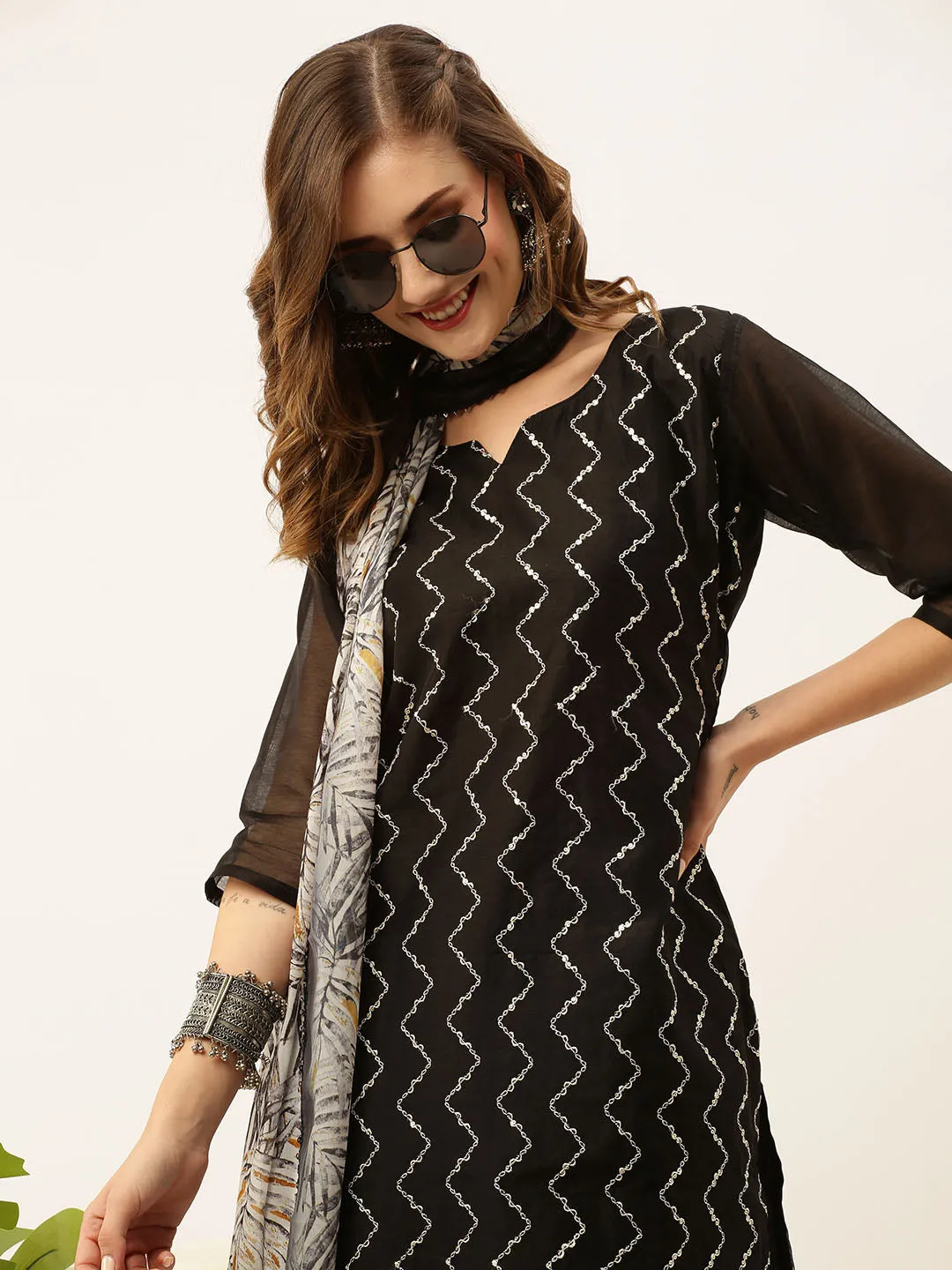 Chanderi Silk All Over Chevron Embroidery Black Straight Kurta Set With Dupatta For Women - ZOLA