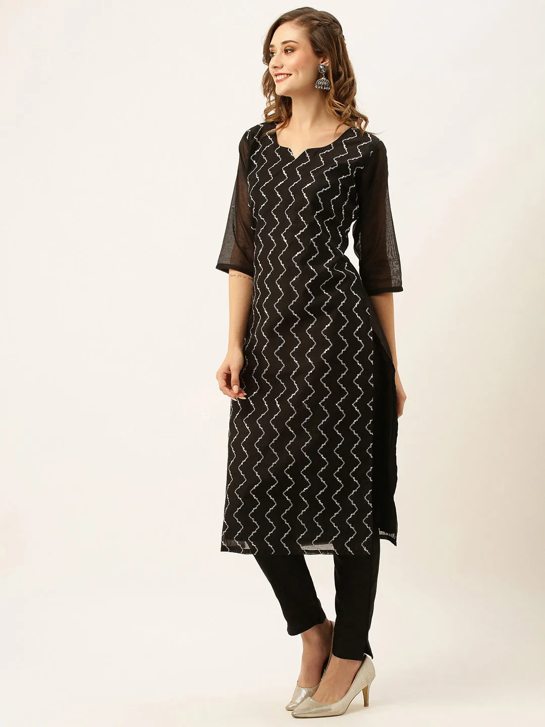 Chanderi Silk All Over Chevron Embroidery Black Straight Kurta Set With Dupatta For Women - ZOLA