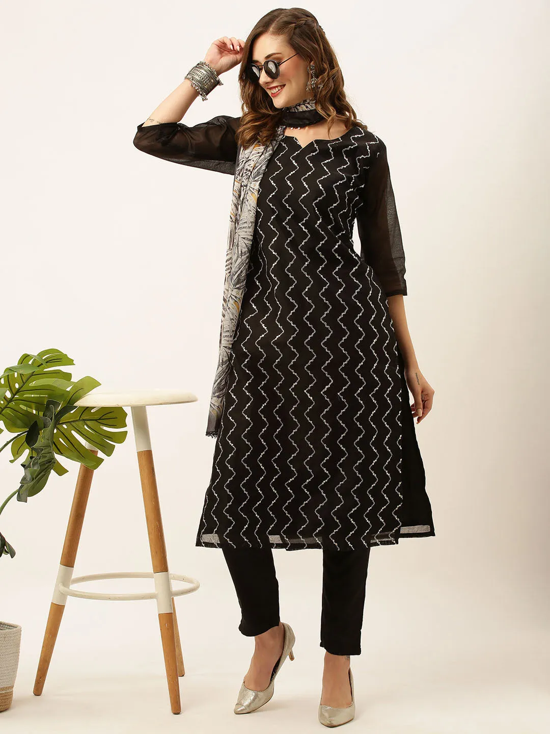 Chanderi Silk All Over Chevron Embroidery Black Straight Kurta Set With Dupatta For Women - ZOLA