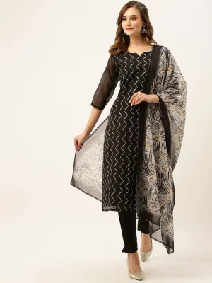 Chanderi Silk All Over Chevron Embroidery Black Straight Kurta Set With Dupatta For Women - ZOLA