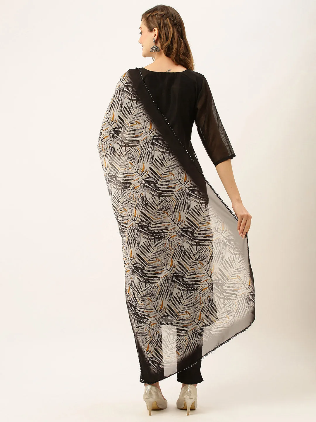 Chanderi Silk All Over Chevron Embroidery Black Straight Kurta Set With Dupatta For Women - ZOLA