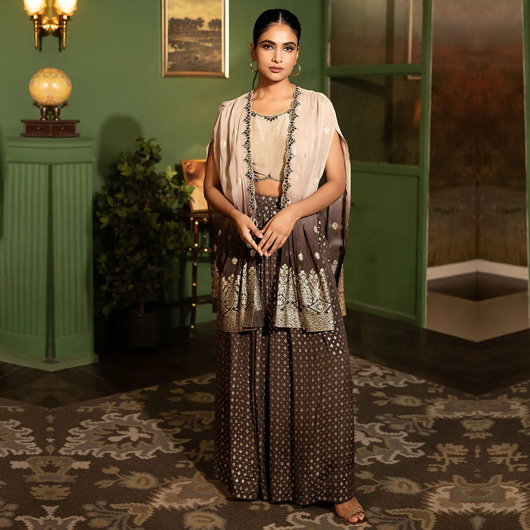 Chocolate Brown Ombre Skirt And Crop-top With Cape
