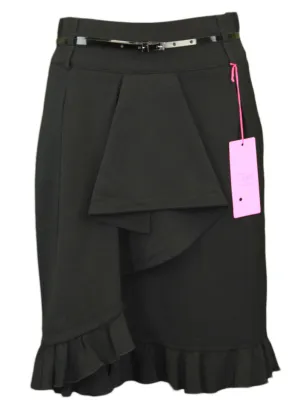 CLIPS Women's Black Belted Ruffle Front Straight Skirt IT Sz 40 NWT