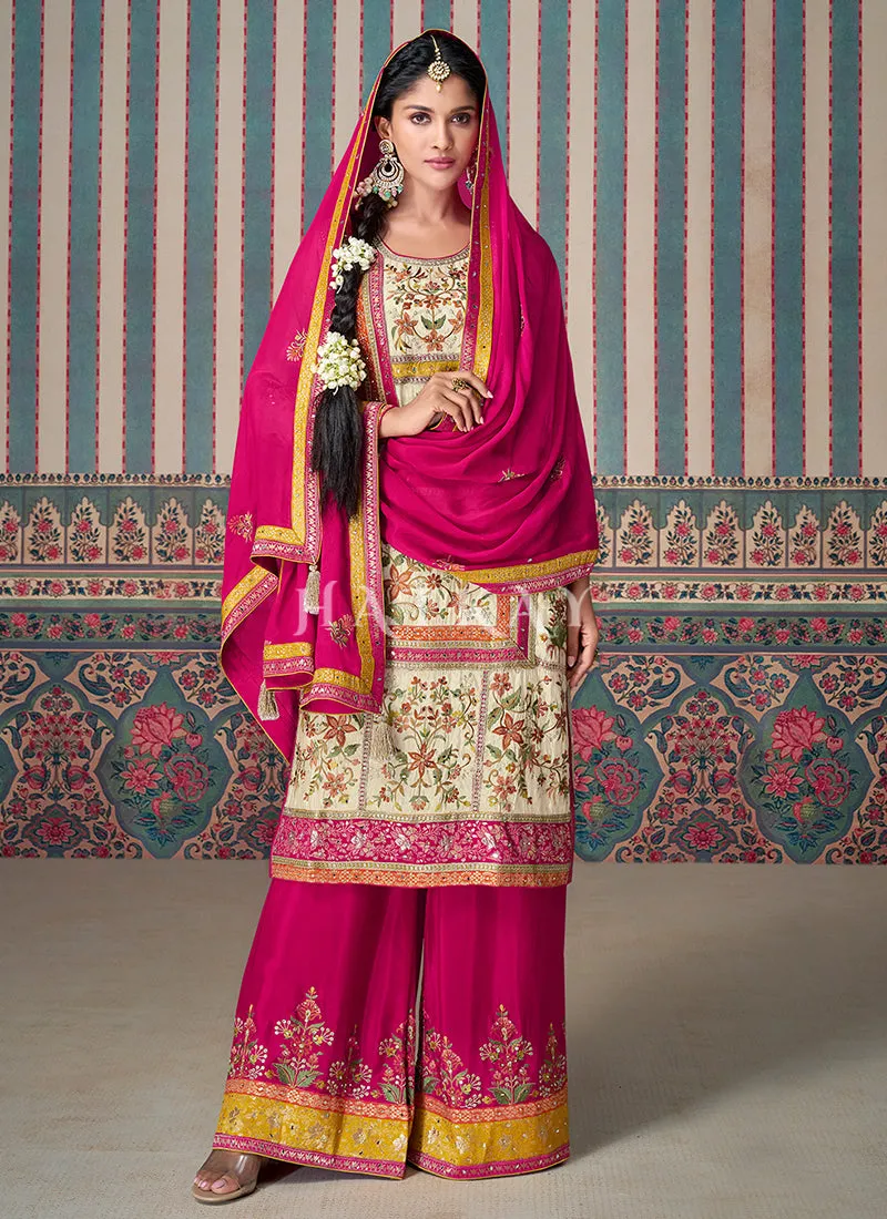 Cream And Pink Pakistani Palazzo Suit