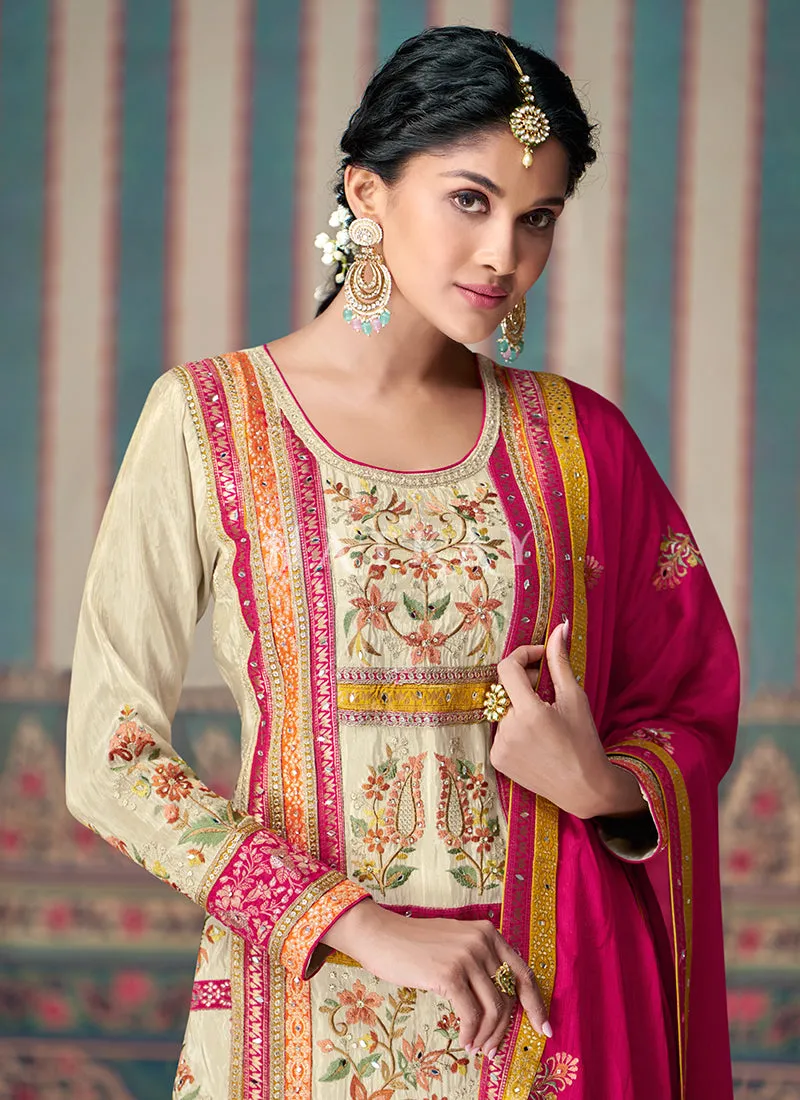 Cream And Pink Pakistani Palazzo Suit