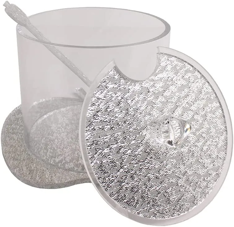 (D) Judaica Lucite Honey Dish with Lid and Spoon Apple Shape Base (Silver)