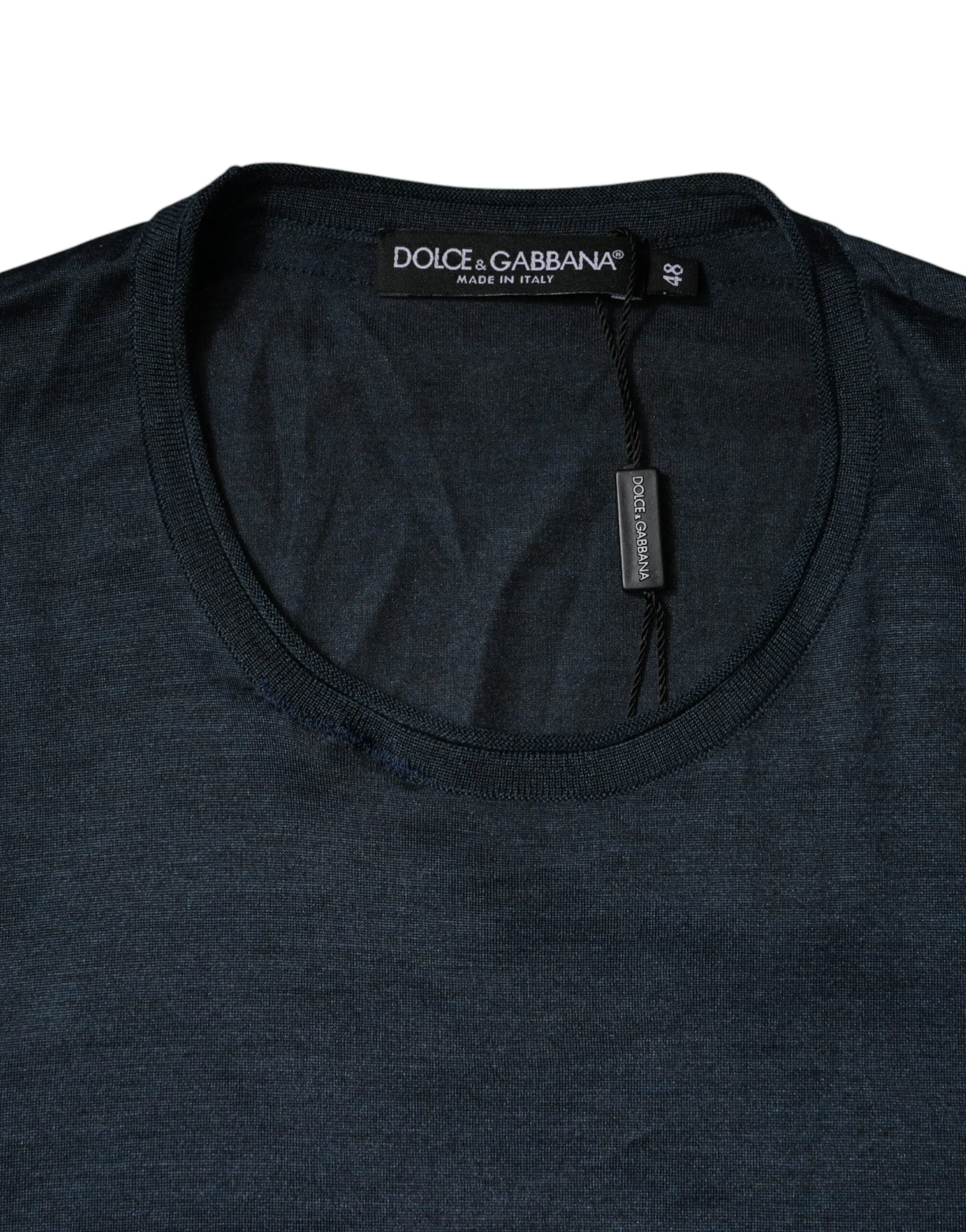 Dark Blue Silk Crew Neck Short Sleeve T-shirt