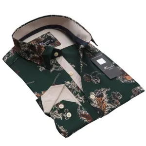Dark Green Floral Mens Slim Fit Designer Dress Shirt - tailored Cotton Shirts for Work and Casual Wear