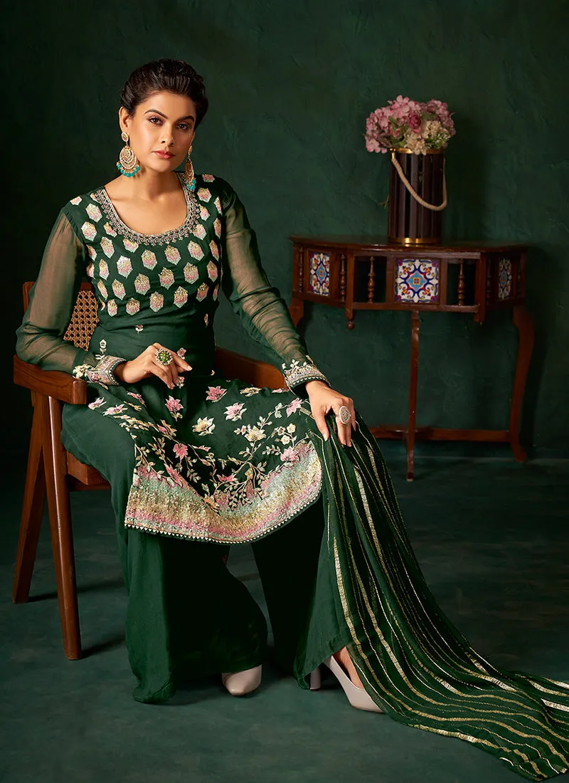 Dark Green Multi Embroidery Traditional Palazzo Suit