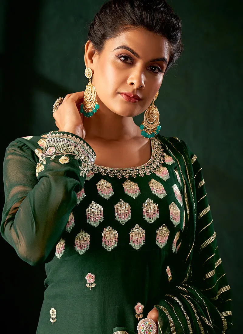 Dark Green Multi Embroidery Traditional Palazzo Suit