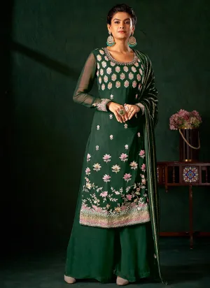 Dark Green Multi Embroidery Traditional Palazzo Suit