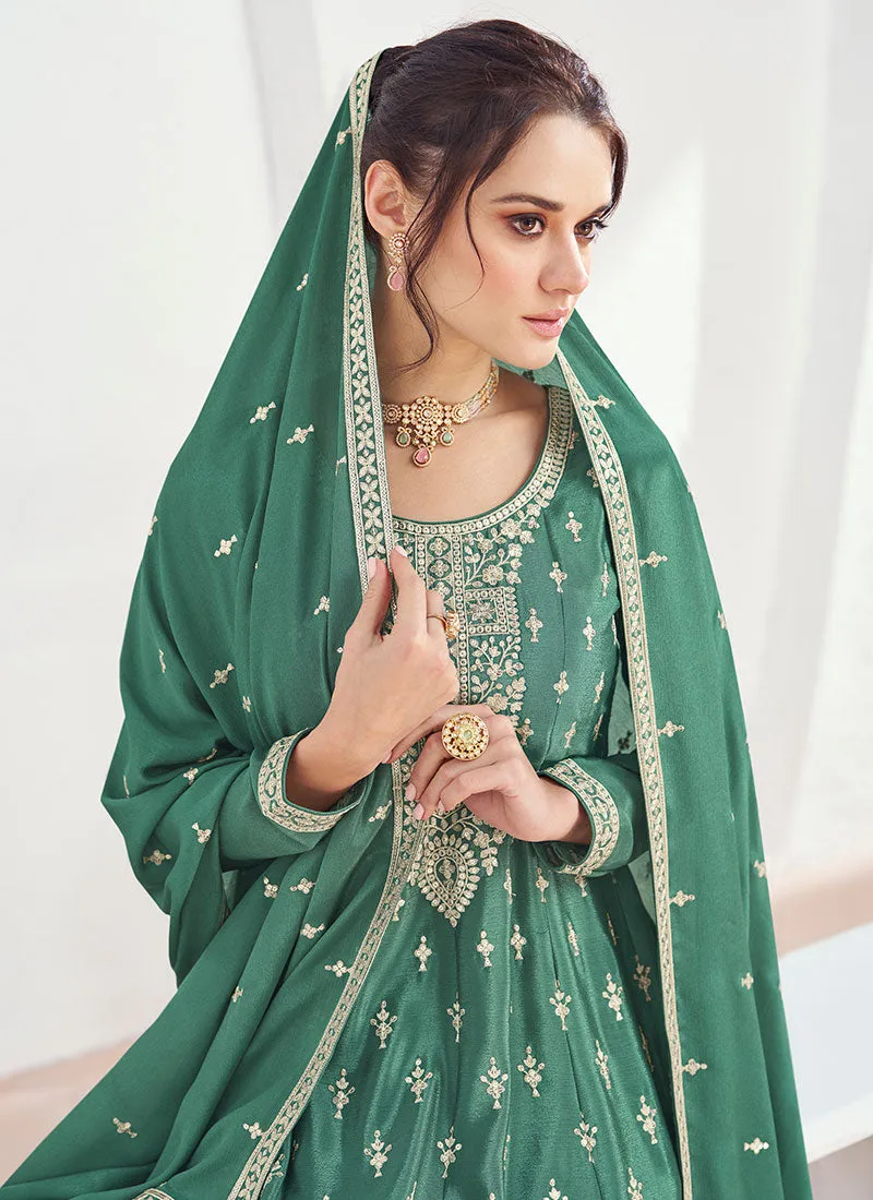 Dark Green Sequence Embroidery Anarkali Style Palazzo Suit