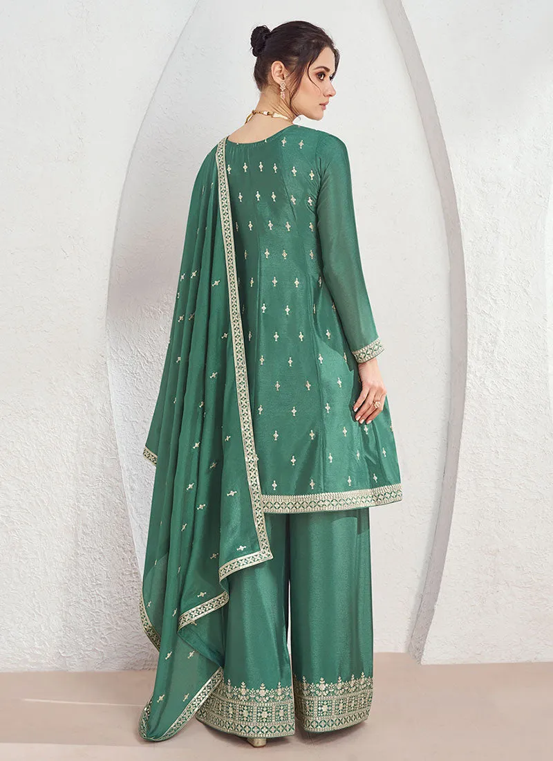 Dark Green Sequence Embroidery Anarkali Style Palazzo Suit