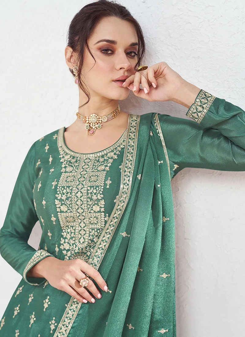 Dark Green Sequence Embroidery Anarkali Style Palazzo Suit