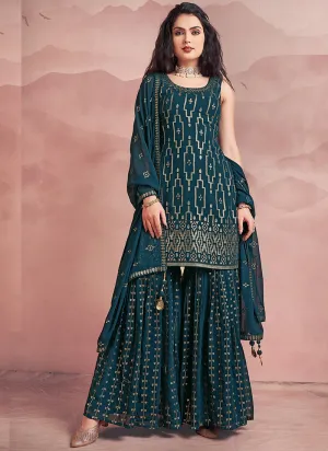 Dark Green Sequence Embroidery Gharara Style Suit