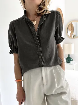 Dark Grey Ruffle Short Puff Sleeve Summer Chambray Shirt