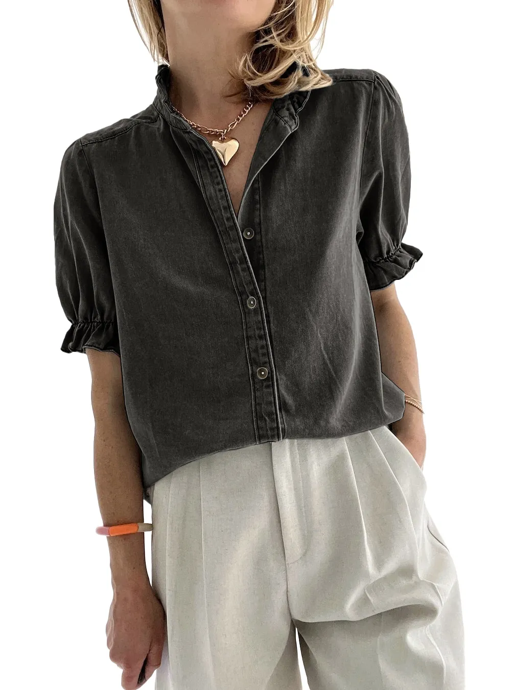 Dark Grey Ruffle Short Puff Sleeve Summer Chambray Shirt