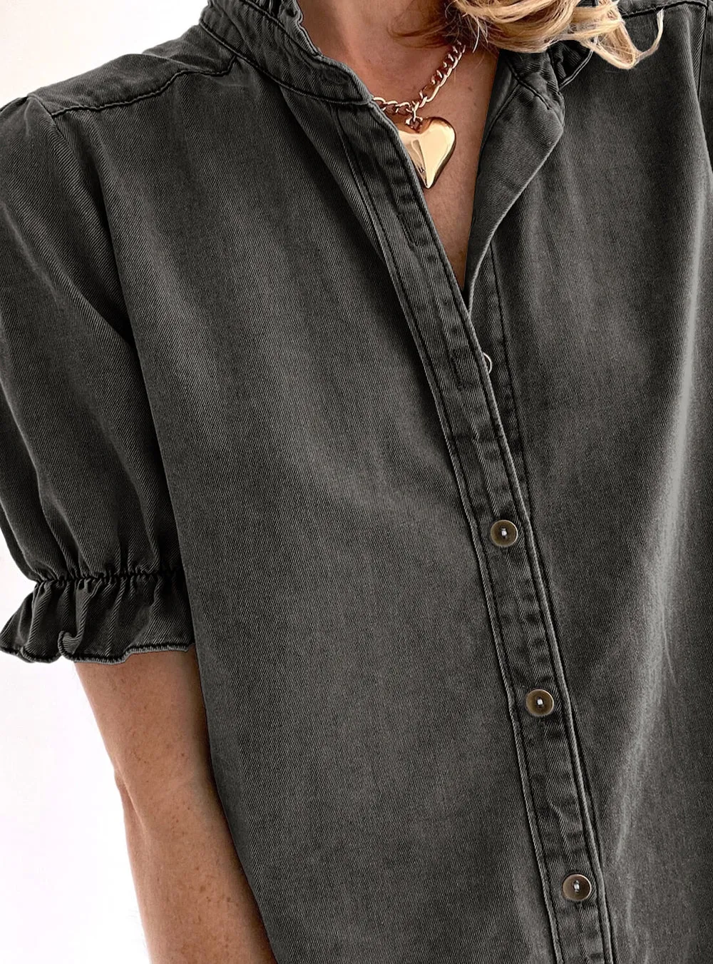 Dark Grey Ruffle Short Puff Sleeve Summer Chambray Shirt