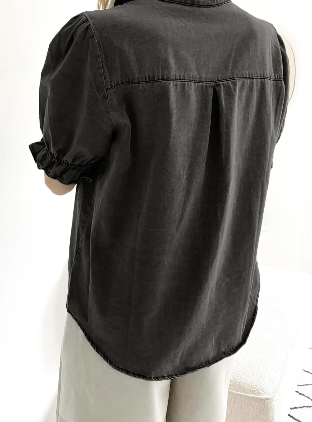 Dark Grey Ruffle Short Puff Sleeve Summer Chambray Shirt