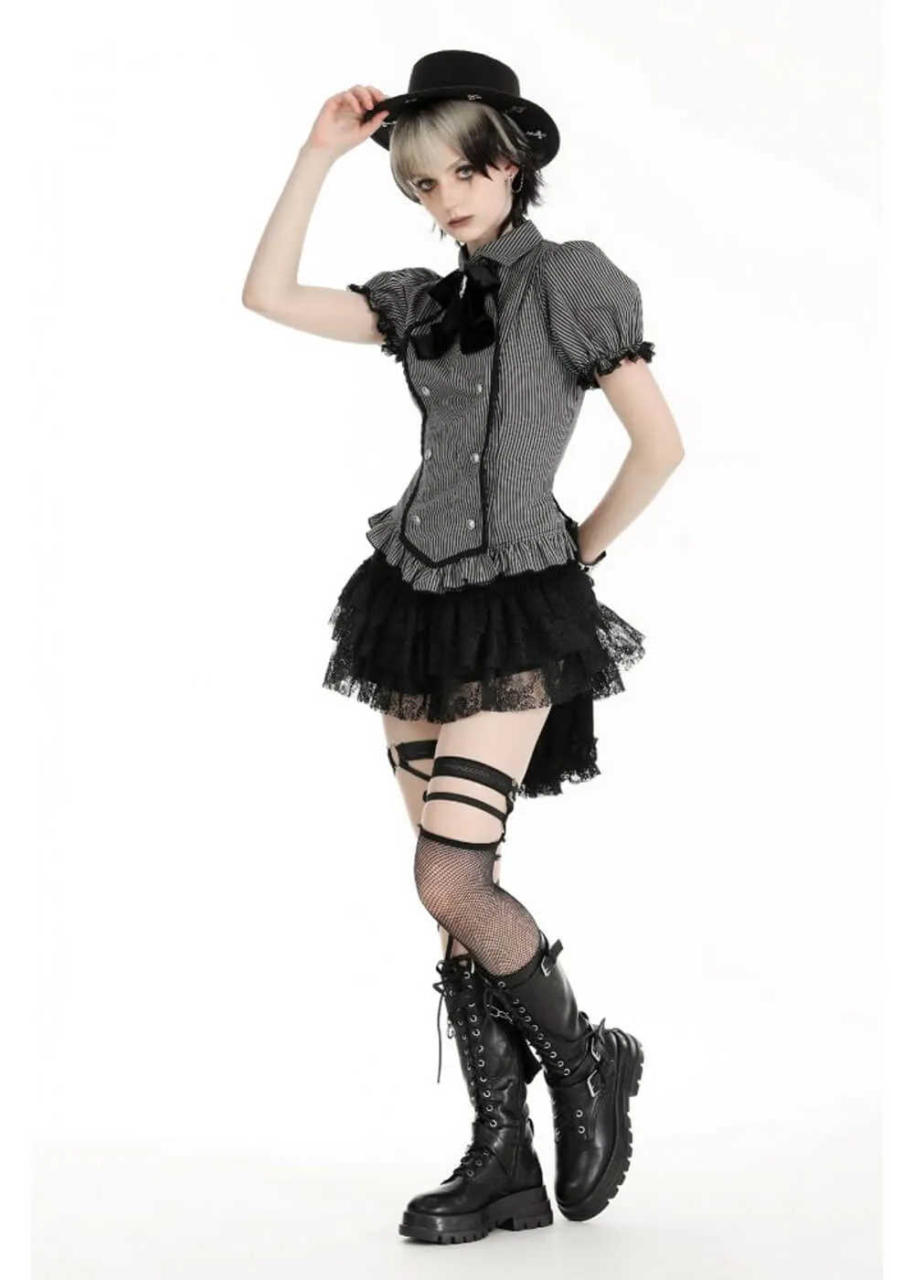 Dark In Love Lovett Cat Cameo Stripe Blouse Gray