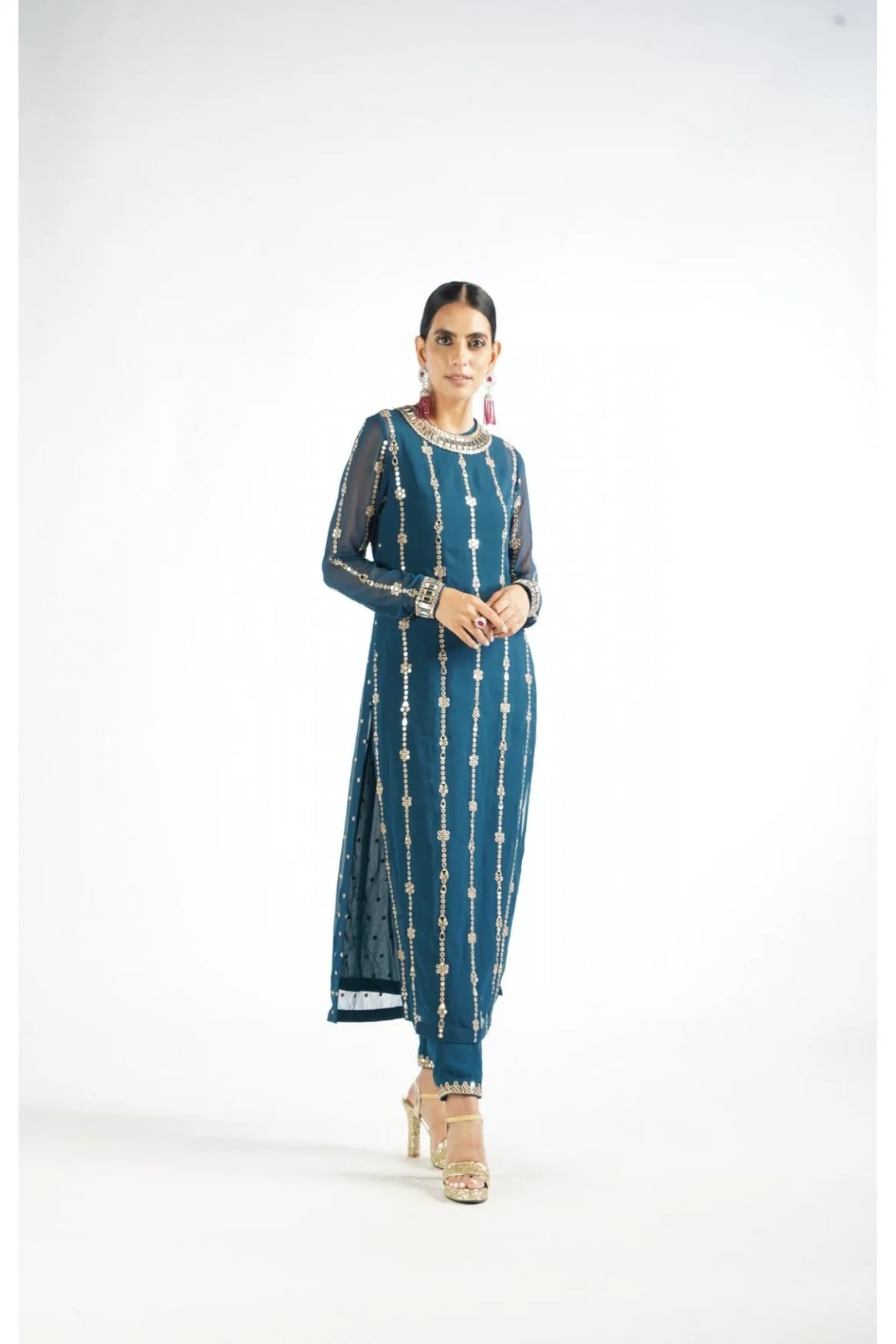 Dark Teal Embellished Pant Kurta Set