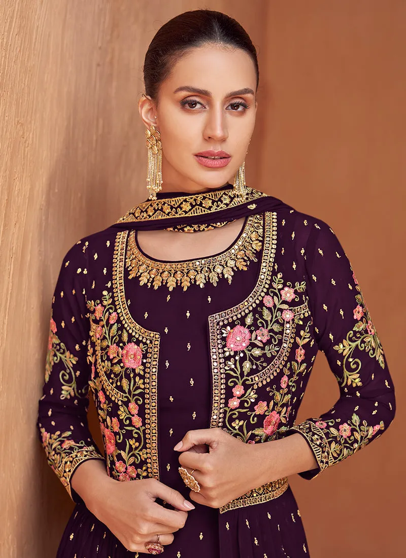 Deep Purple Multi Embroidered Jacket Style Gharara Suit