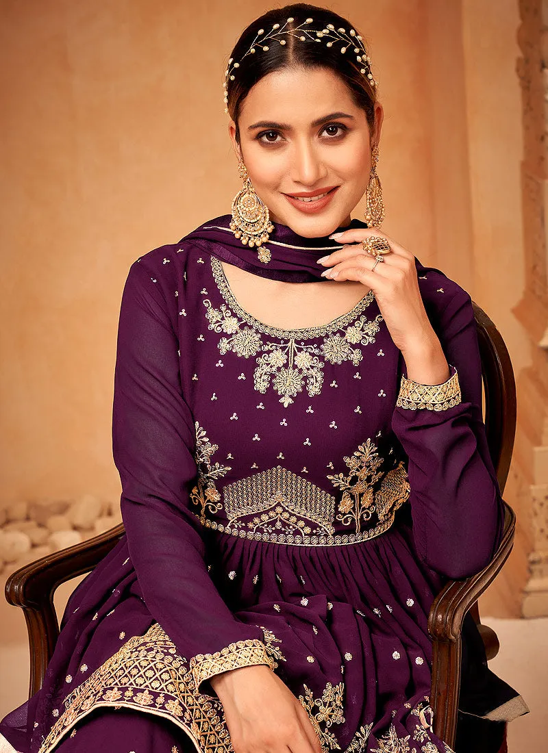 Deep Purple Sequence Embroidery Anarkali Gharara Suit