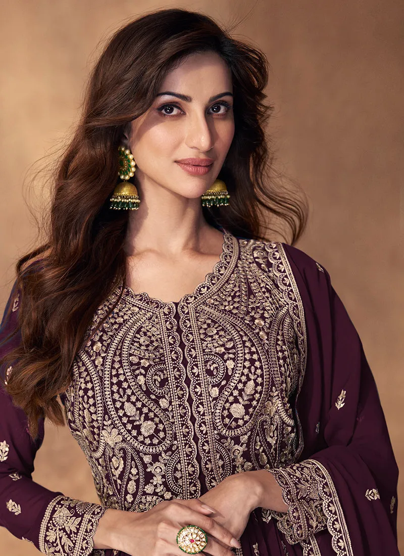 Deep Wine Embroidery Slit Style Traditional Anarkali Lehenga Suit