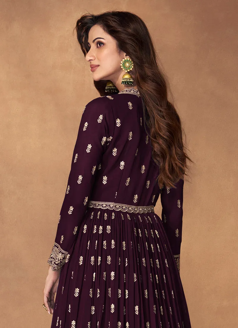 Deep Wine Embroidery Slit Style Traditional Anarkali Lehenga Suit
