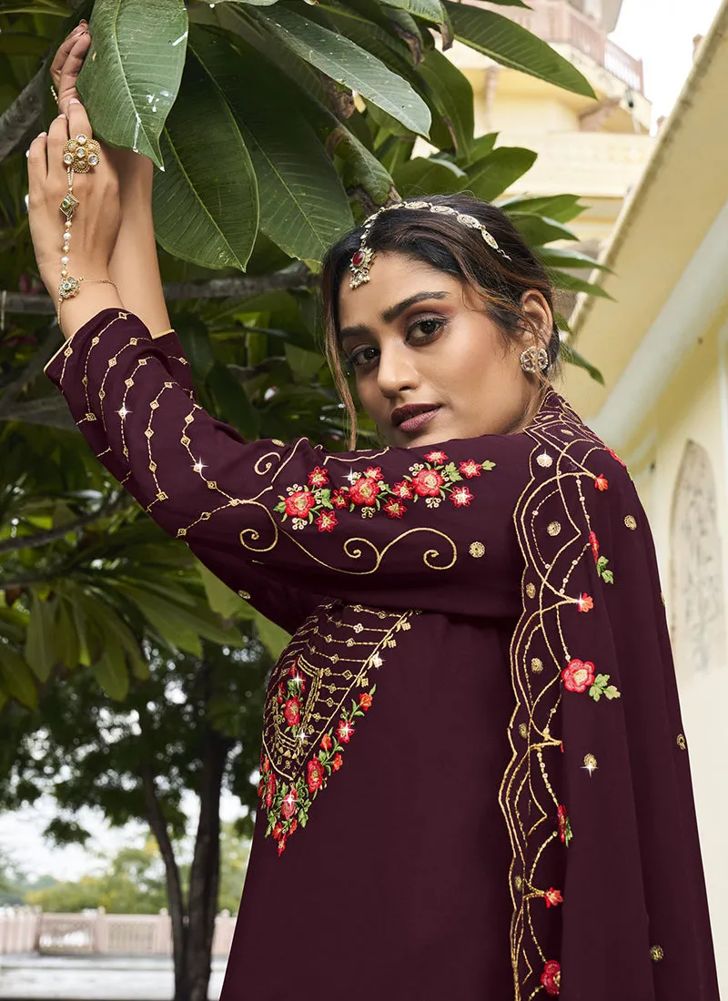 Deep Wine Handwork Embroidery Sharara Palazzo Suit
