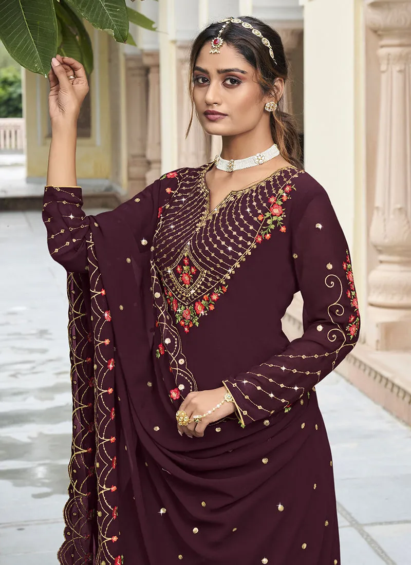 Deep Wine Handwork Embroidery Sharara Palazzo Suit