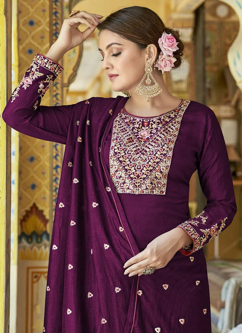 Deep Wine Multi Embroidery Festive Palazzo Suit
