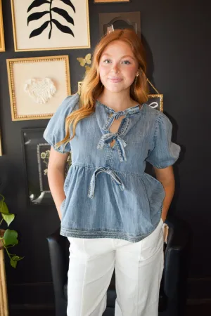 Denim Babydoll Bow Blouse