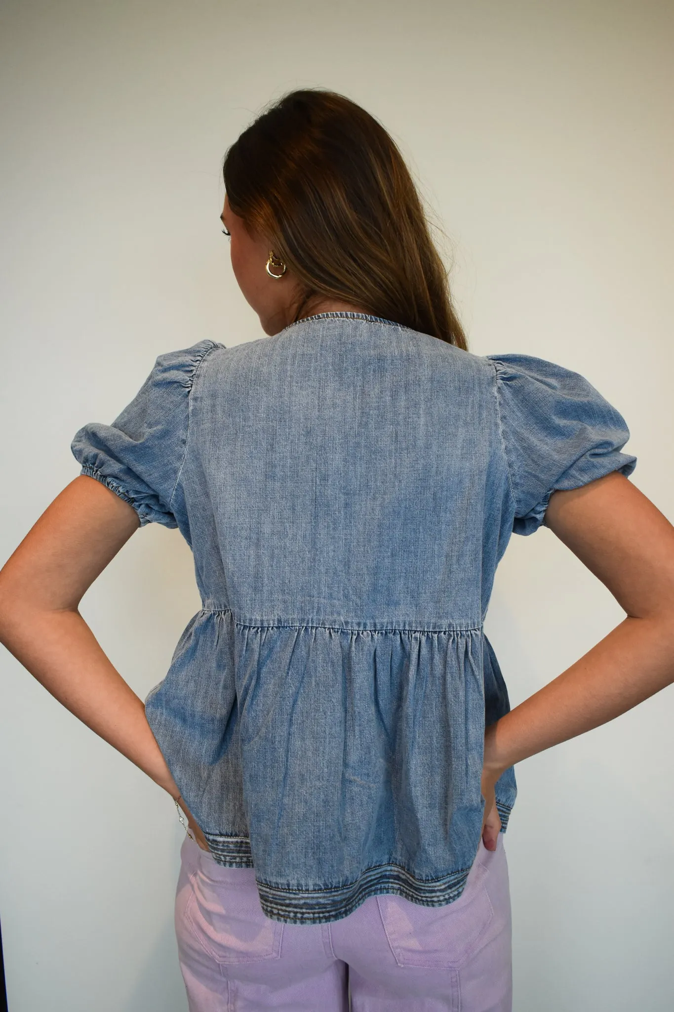 Denim Babydoll Bow Blouse