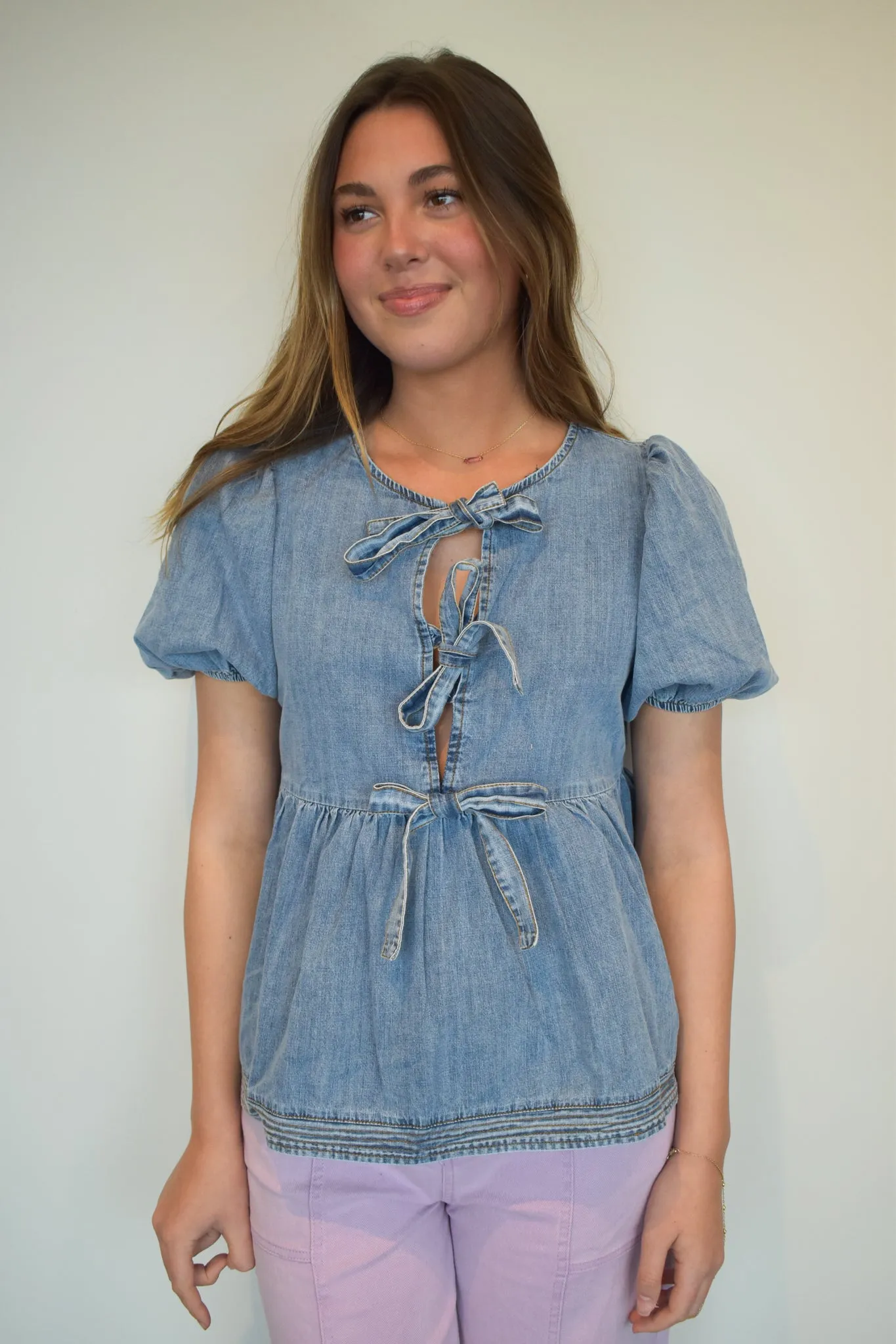 Denim Babydoll Bow Blouse