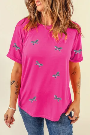 Denna Sequin Bow Round Neck Short Sleeve T-Shirt