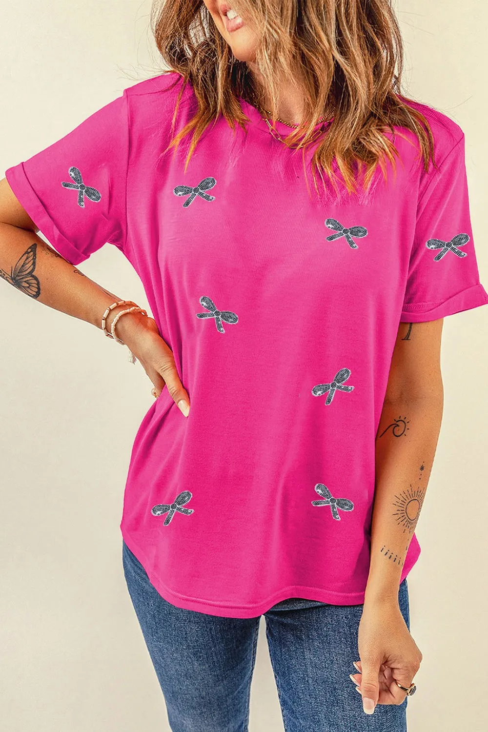 Denna Sequin Bow Round Neck Short Sleeve T-Shirt