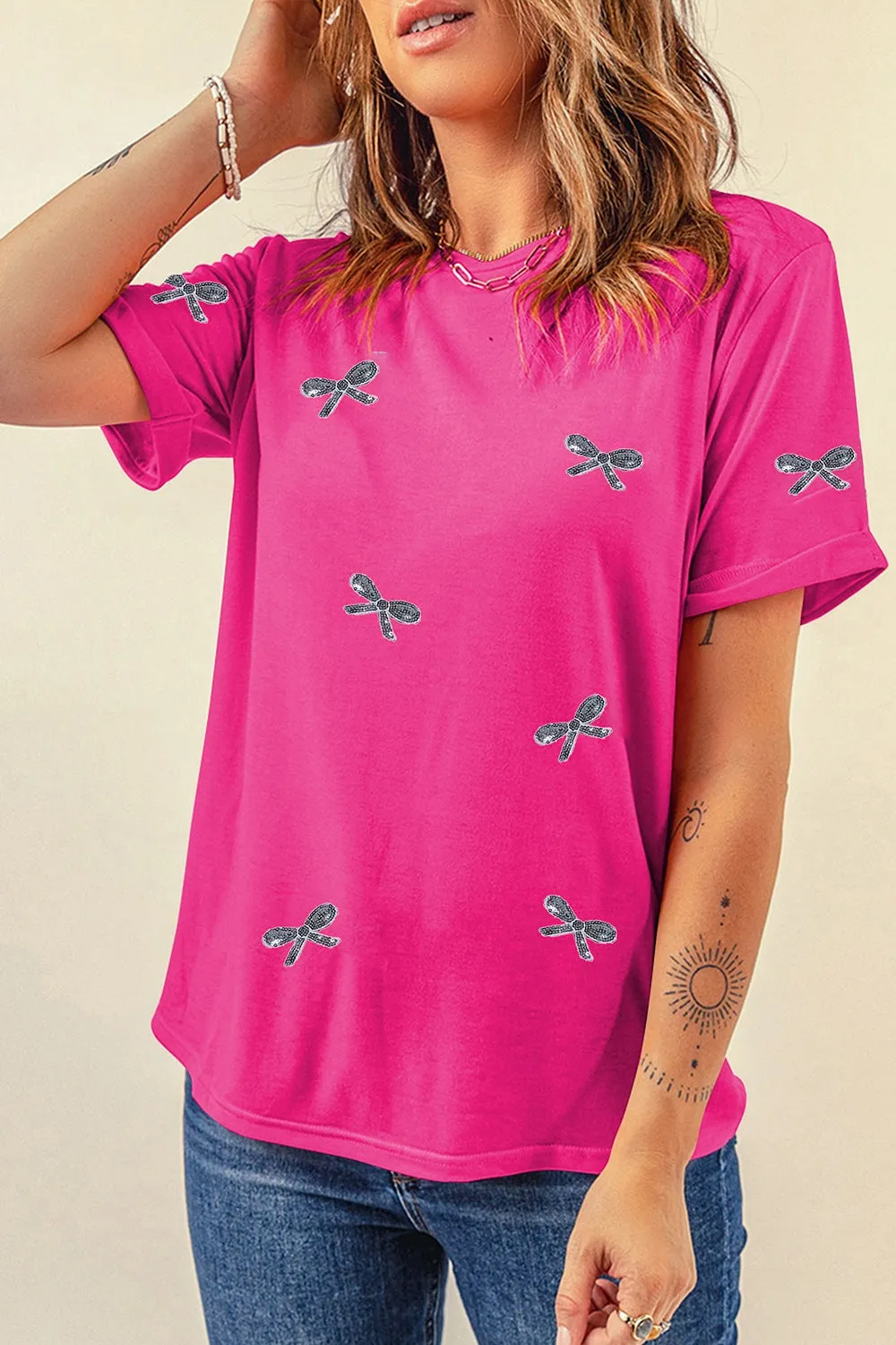 Denna Sequin Bow Round Neck Short Sleeve T-Shirt