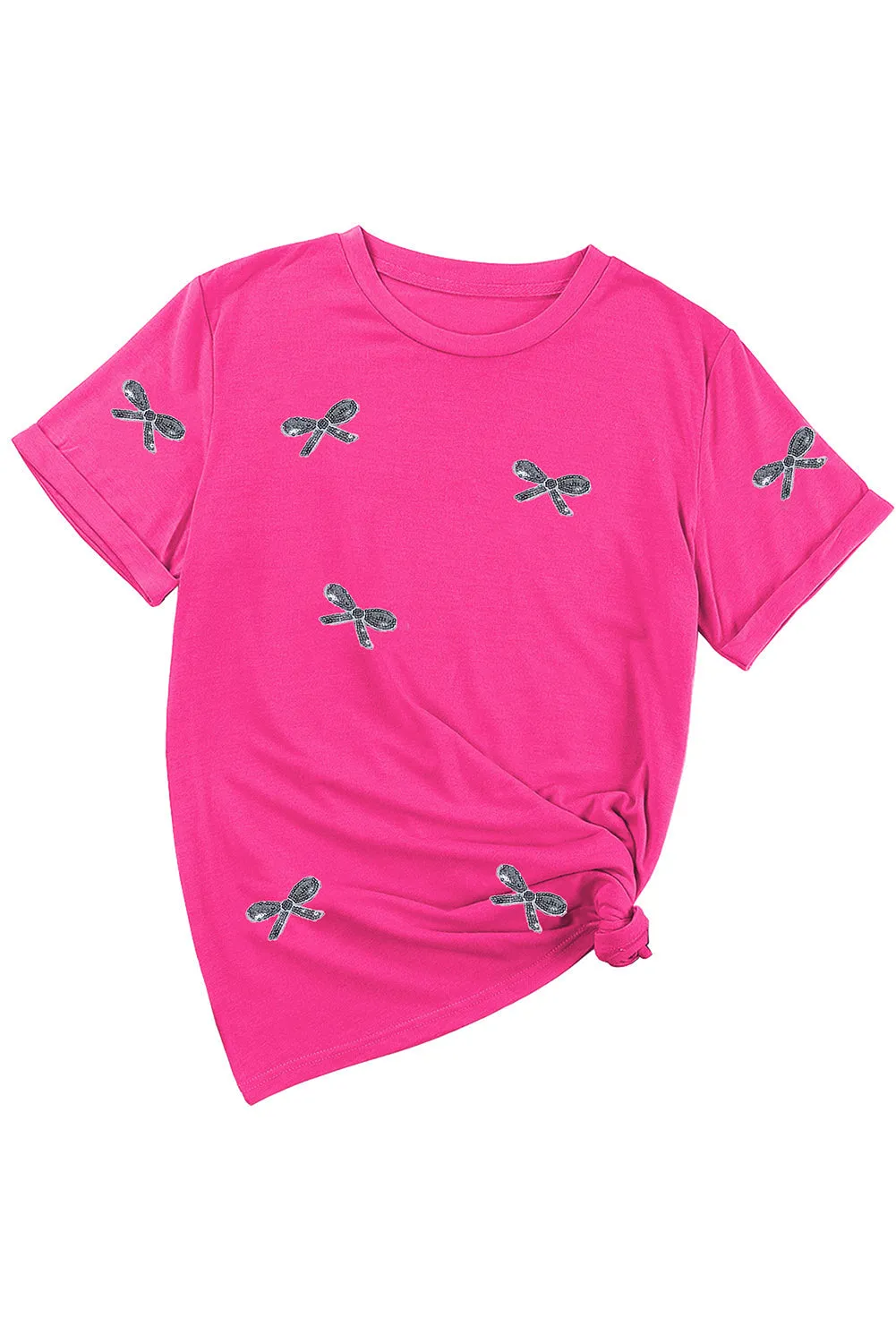 Denna Sequin Bow Round Neck Short Sleeve T-Shirt