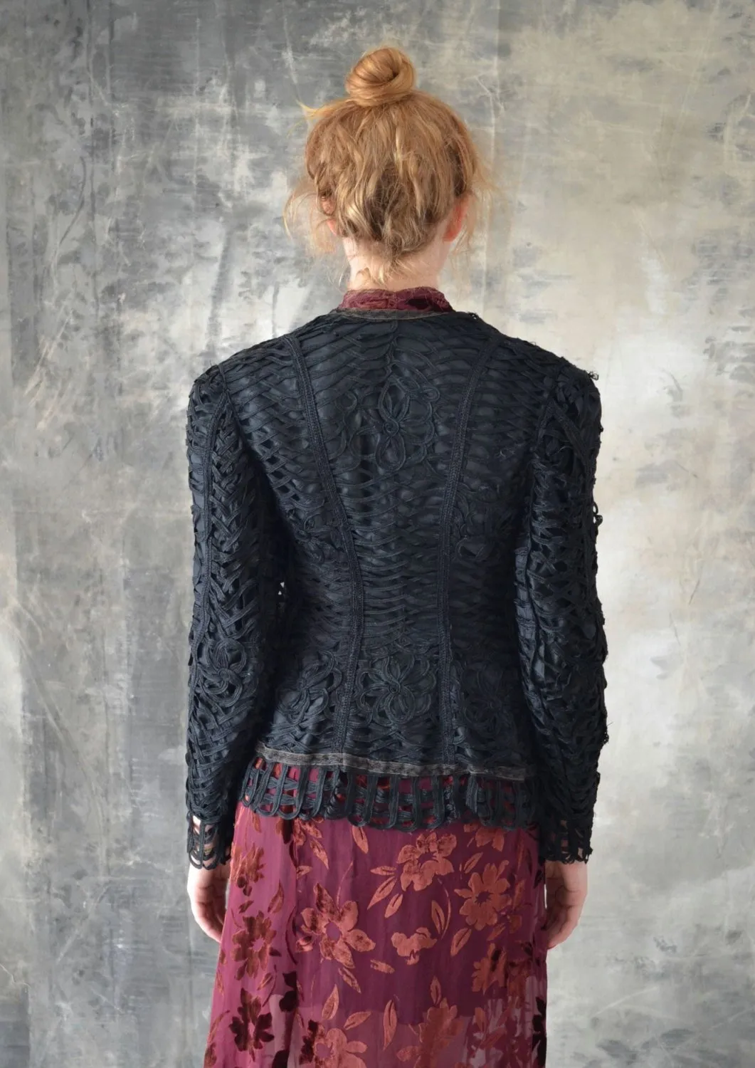 Edwardian Black Looped Ribbon Work Silk Jacket