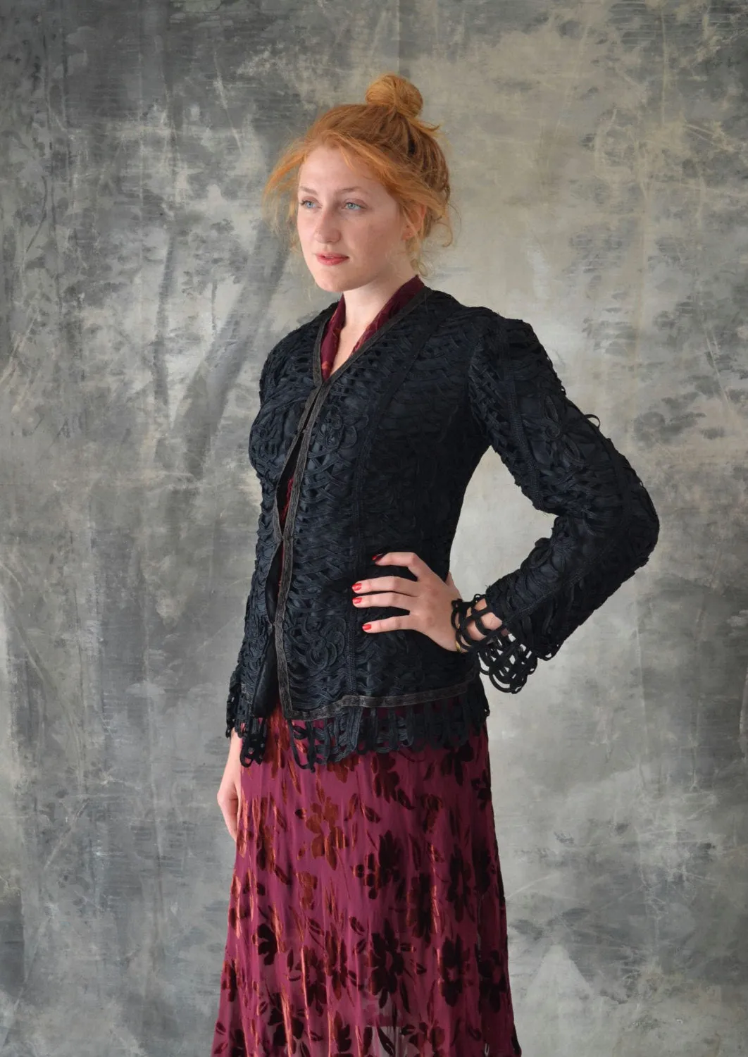 Edwardian Black Looped Ribbon Work Silk Jacket