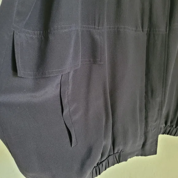Eileen Fisher Silk Black Crepe De Chin Bomber Jacket Zip Snap Up Size XS