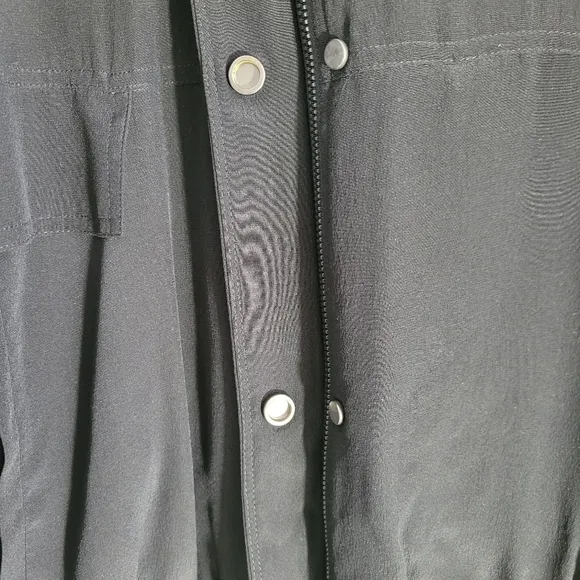 Eileen Fisher Silk Black Crepe De Chin Bomber Jacket Zip Snap Up Size XS