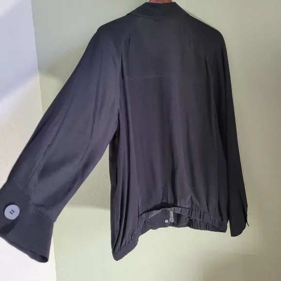 Eileen Fisher Silk Black Crepe De Chin Bomber Jacket Zip Snap Up Size XS