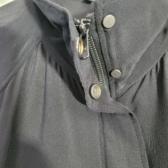 Eileen Fisher Silk Black Crepe De Chin Bomber Jacket Zip Snap Up Size XS